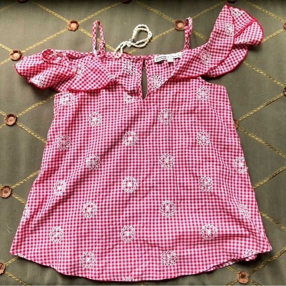 Gingham Top Embroidered Red & White Cotton Gypsies & Moondust (S) - Picture 5 of 8